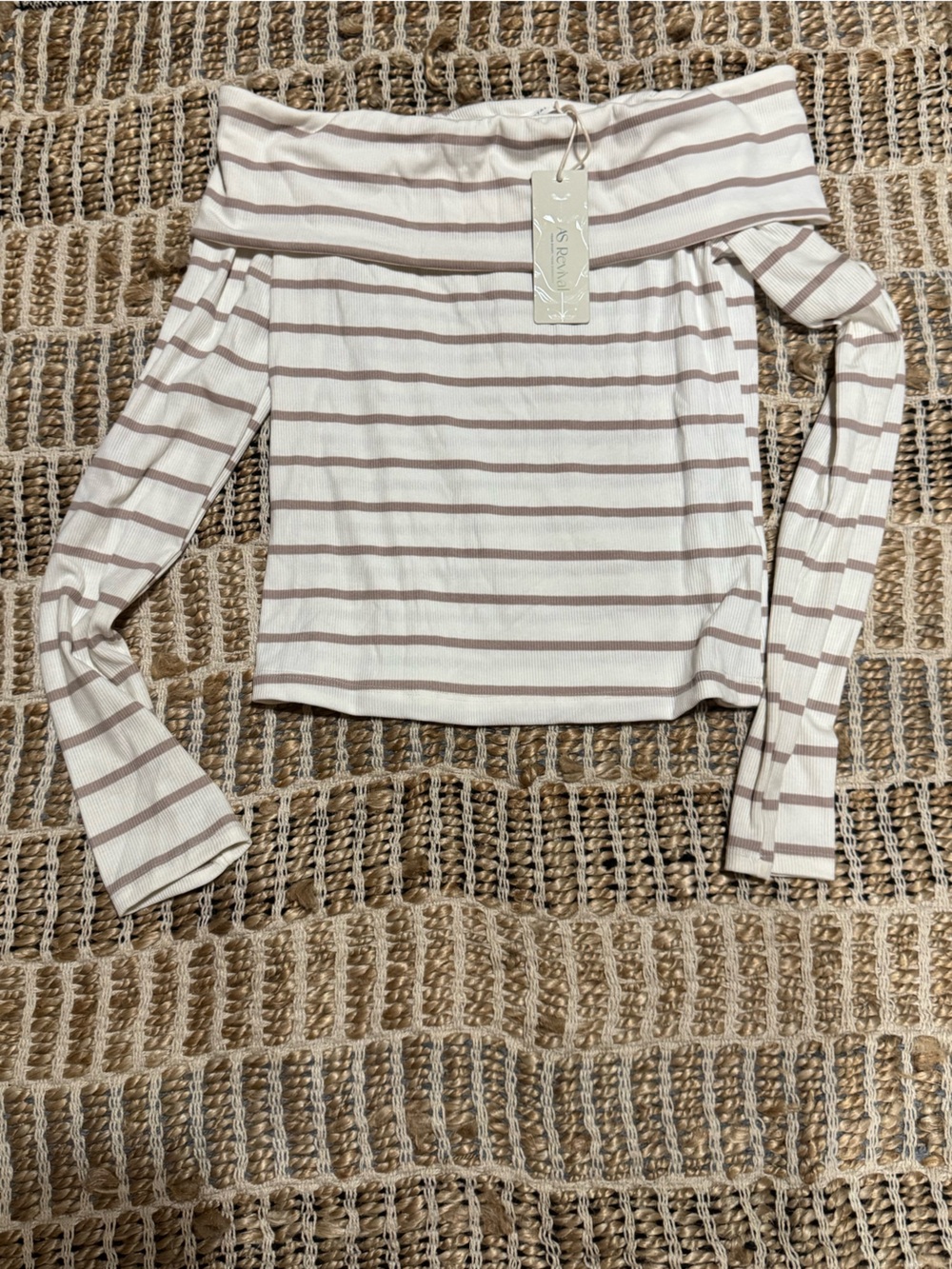 Altar'd State White & Taupe Striped Off-Shoulder Long Sleeve Top